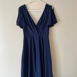 Midi V-Neck Flutter Sleeve Dress in Navy